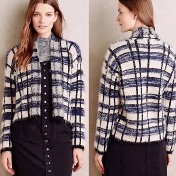 LA FEE VERTE Anthropologie Cardigan Sweater Womens Jacket M Blue Plaid Eyelash - Picture 1 of 10
